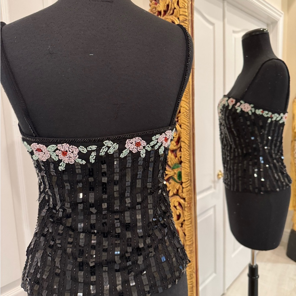 Elegant Attitudes by Debra Black hand Beaded camisole top with Floral Accents - Picture 5 of 6